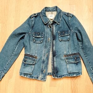 Old Navy Y2K Large blue denim safari jean jacket zippers pockets hip length